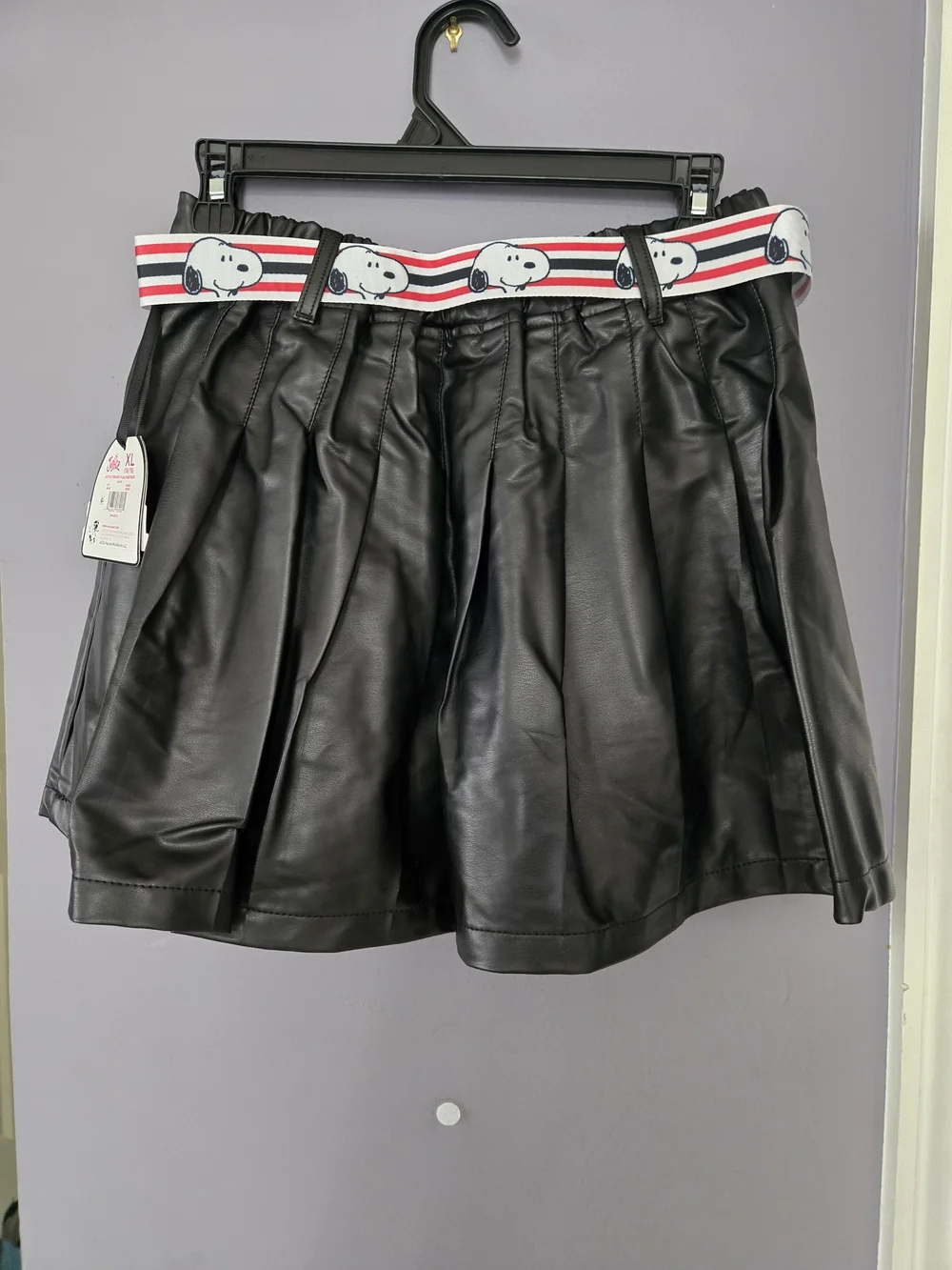 Justice Black Faux Leather Pleated Skater Skirt with Snoopy Stripe Belt